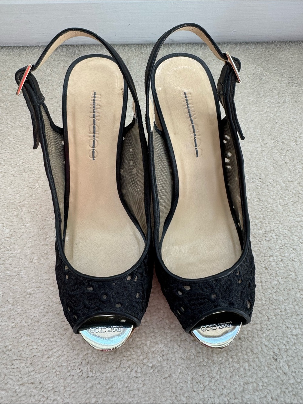 Jimmy Choo Black Lace Peep-Toe Slingback Heel Wedges with Silver Accents